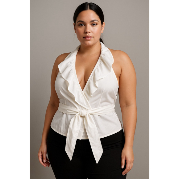 ZARA Tops - Zara Women’s L White Halter Wrap Top Ruffle Front Backless Tie Waist Y2K Bridal